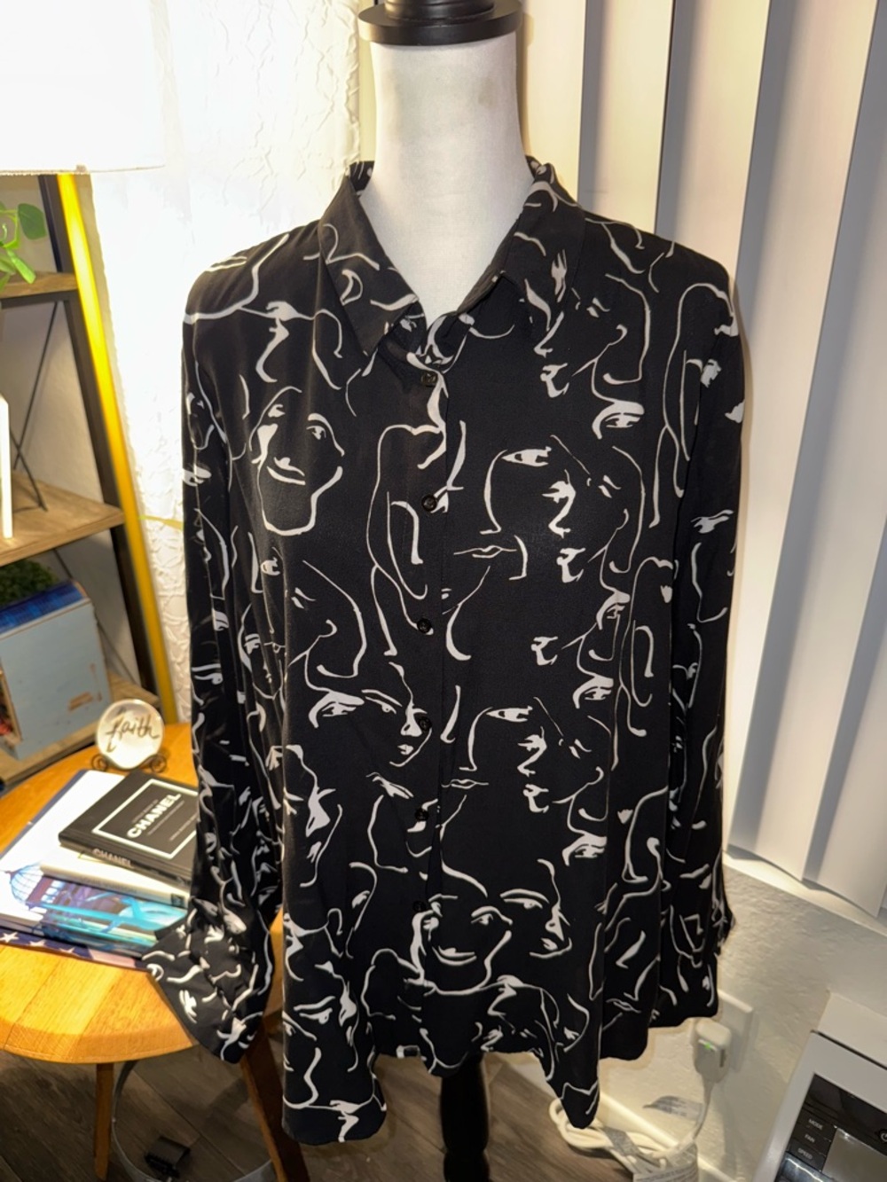 Black Button-Up Shirt with Abstract White Face Print